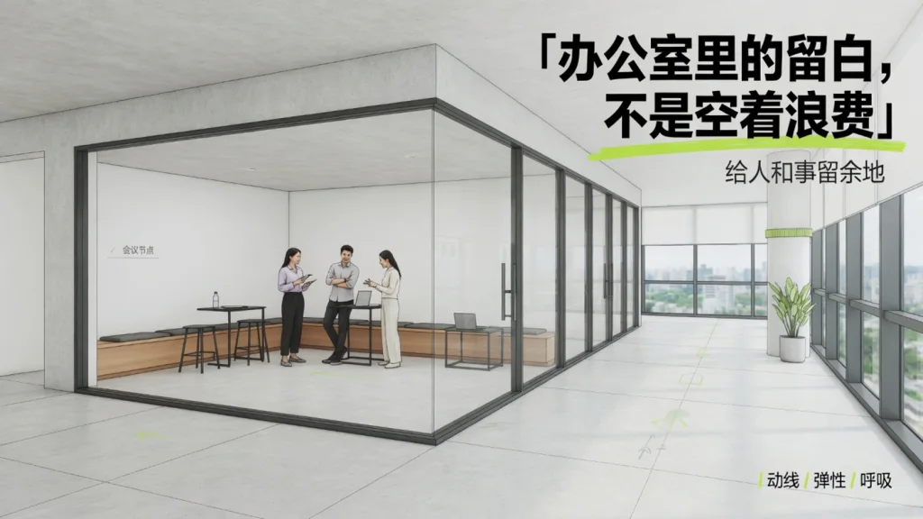 2.5D建筑线描:明亮科技办公邻里,开阔通道与克制家具,三人在留白区域短暂会合讨论