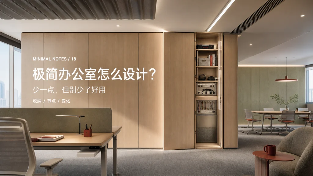 极简办公室杂志风效果图：收纳、机电与材料节点被克制地整合
