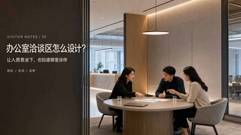 科技公司办公室洽谈区杂志图:三位来访者与接待者在半围合空间中自然交谈,入口边界、坐姿和声学关系清楚