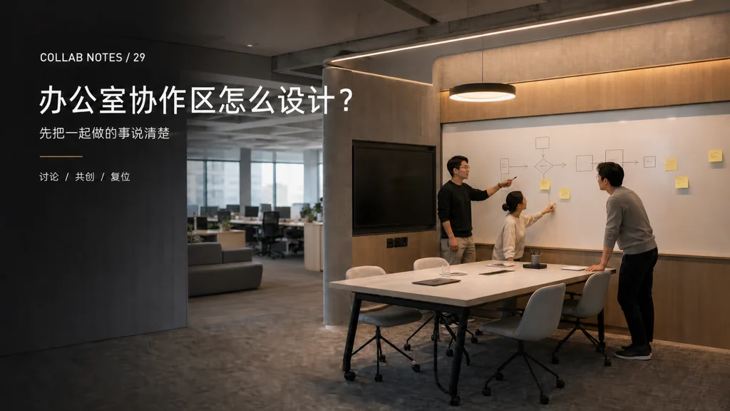 科技公司协作区杂志图:三位同事围绕共享白板自然交流,家具、显示与声学界面融入空间