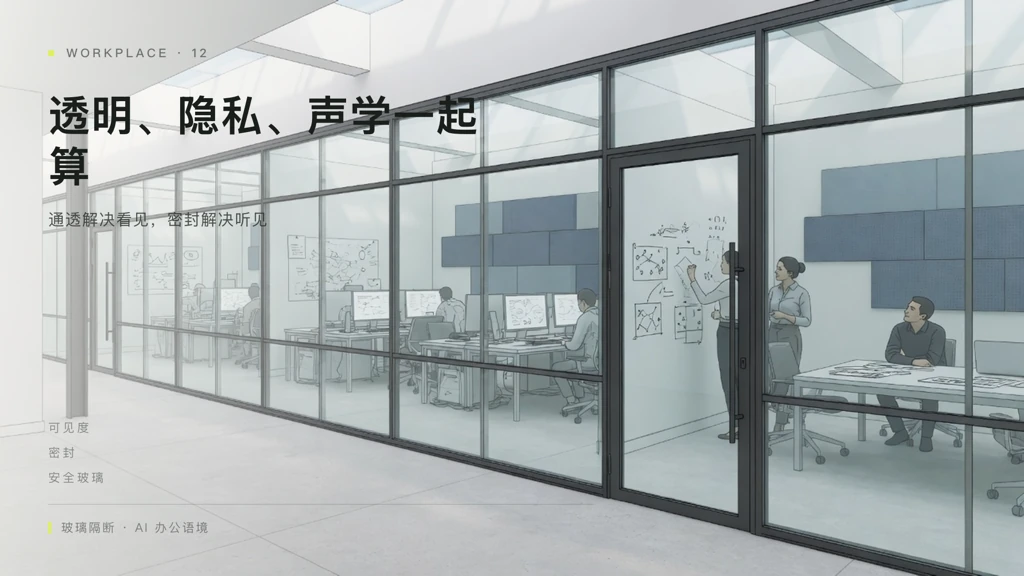 2.5D线描:AI办公玻璃隔断序列,金属框会议室与开放邻里,叠字「透明、隐私、声学一起算」