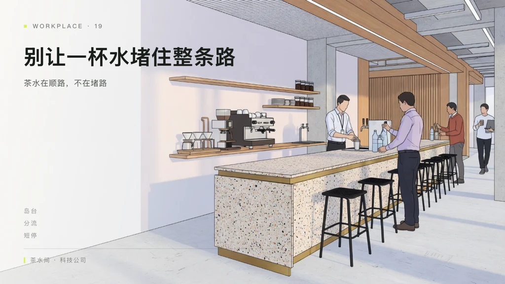 科技公司办公室茶水间杂志图:取水、冲泡、清洗与短暂停留形成清楚而互不冲突的使用动线