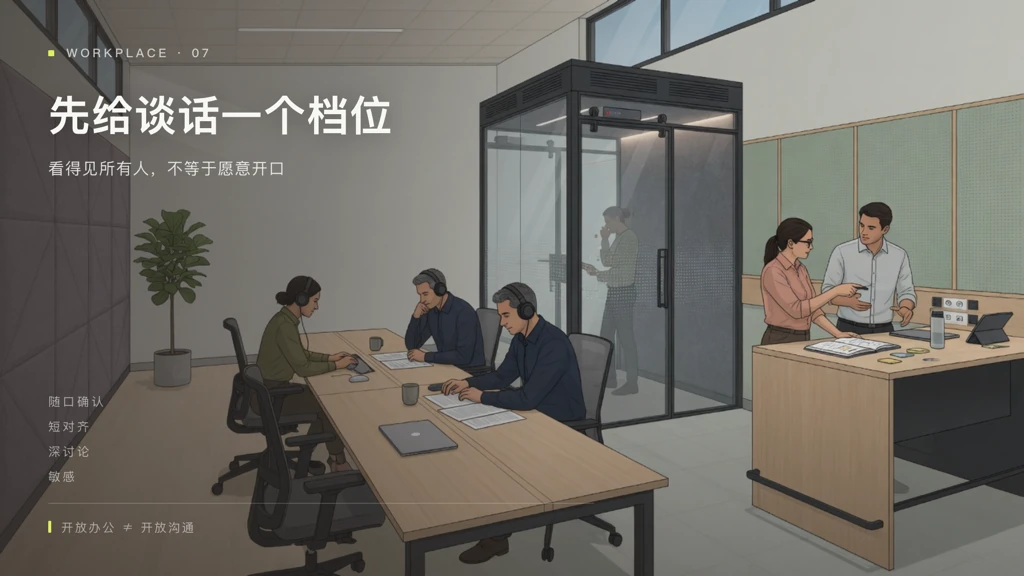 2.5D杂志封面:开敞办公插画为底,叠字「先给谈话一个档位」与谈话档位标签