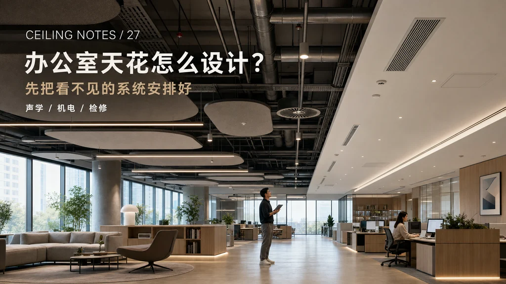 科技公司办公室天花杂志图:开放机电、声学岛、线性照明与封闭吊顶形成协调的混合系统