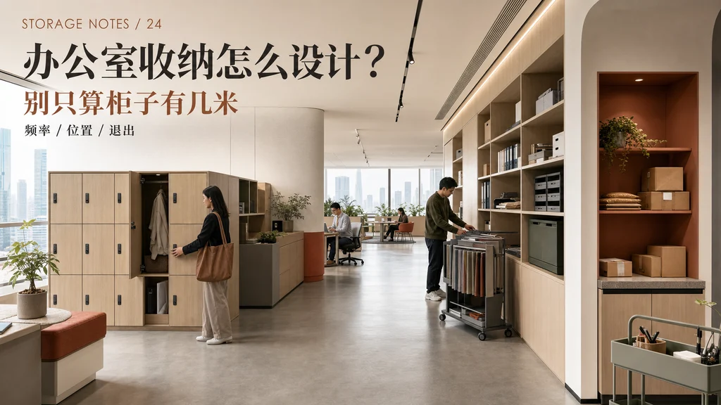 办公室收纳设计杂志图:个人储物柜、项目物料柜与快递暂存点靠近各自使用场景