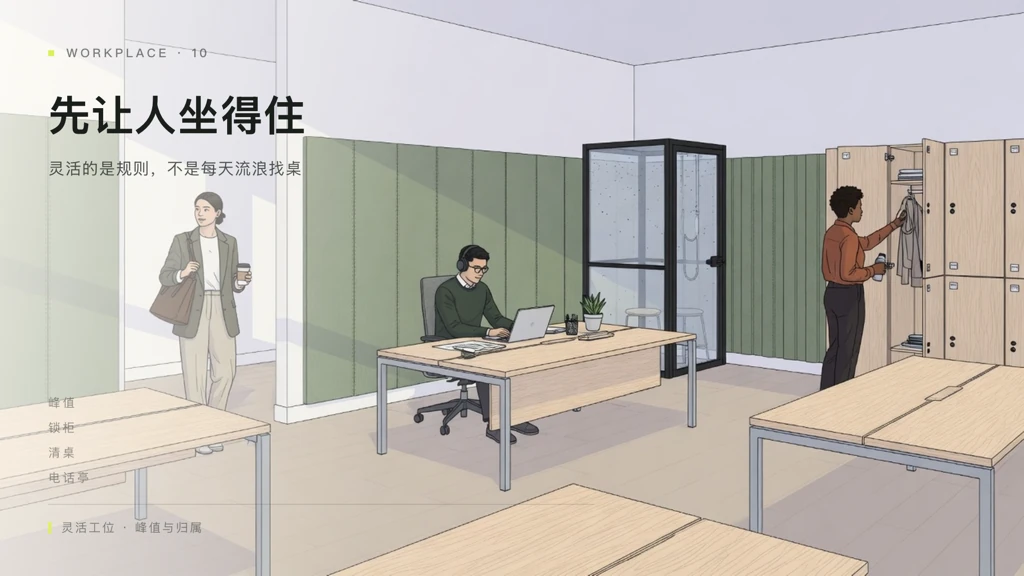 2.5D建筑线描:灵活工位区、锁柜与电话亭,叠字「先让人坐得住」