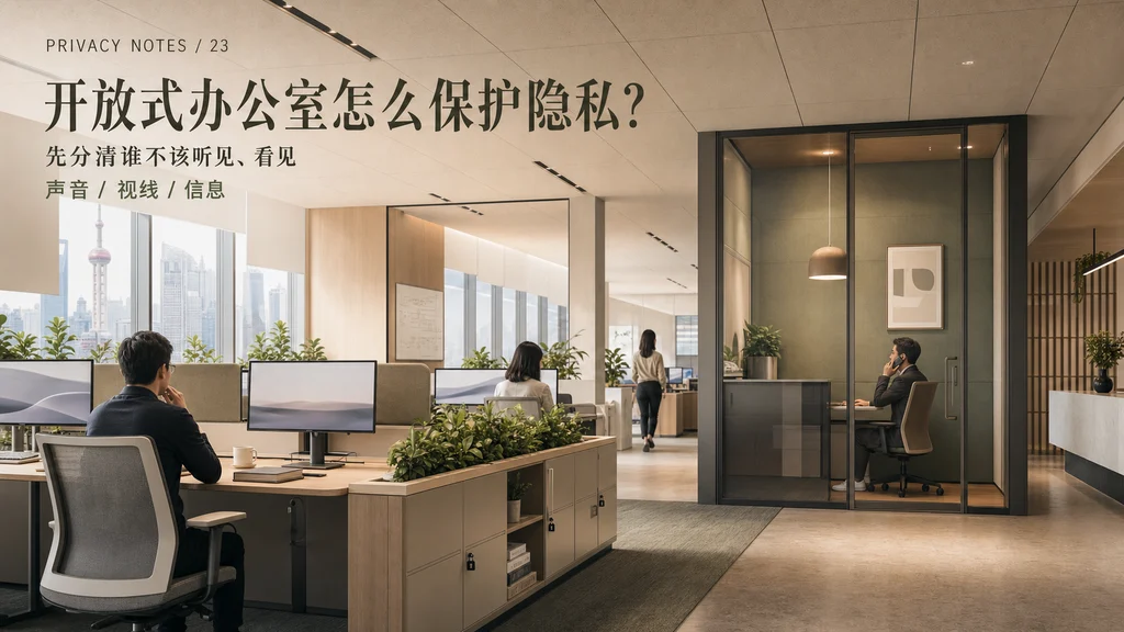 开放式办公室隐私设计杂志图:封闭电话间、避开通道的屏幕和有边界的访客路线