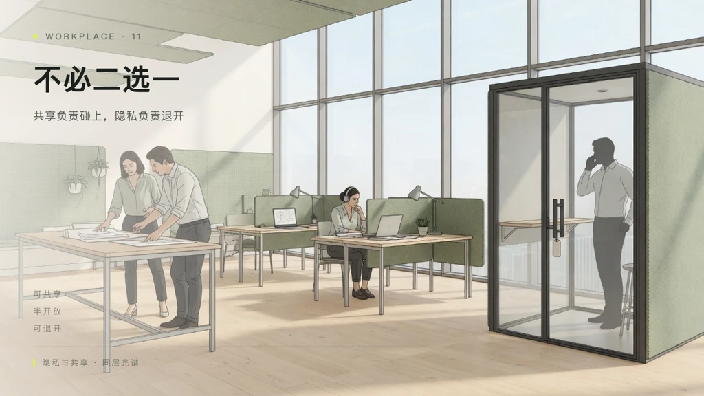 2.5D明亮建筑线描:开放协作、半开放工位与可关小间同层,叠字「不必二选一」