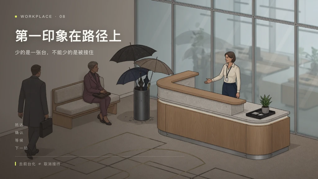 2.5D杂志封面:办公入口开放接待岛与等候,叠字「第一印象在路径上」