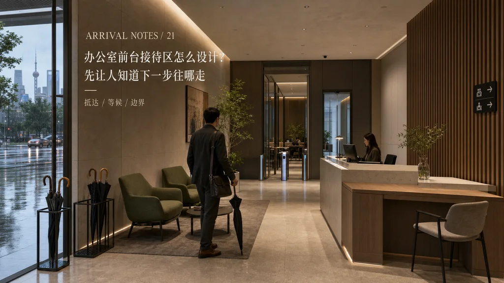 办公室前台接待区杂志风效果图:访客抵达、等候与内部入口自然衔接