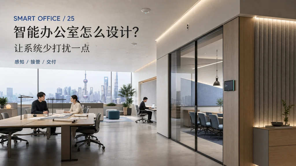 科技公司智能办公室杂志图:两三位员工使用会议预约、环境控制与共享空间