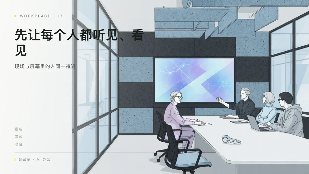 科技公司会议室杂志图:三位参会者、清楚视线、摄像拾音与自然融入空间的显示设备