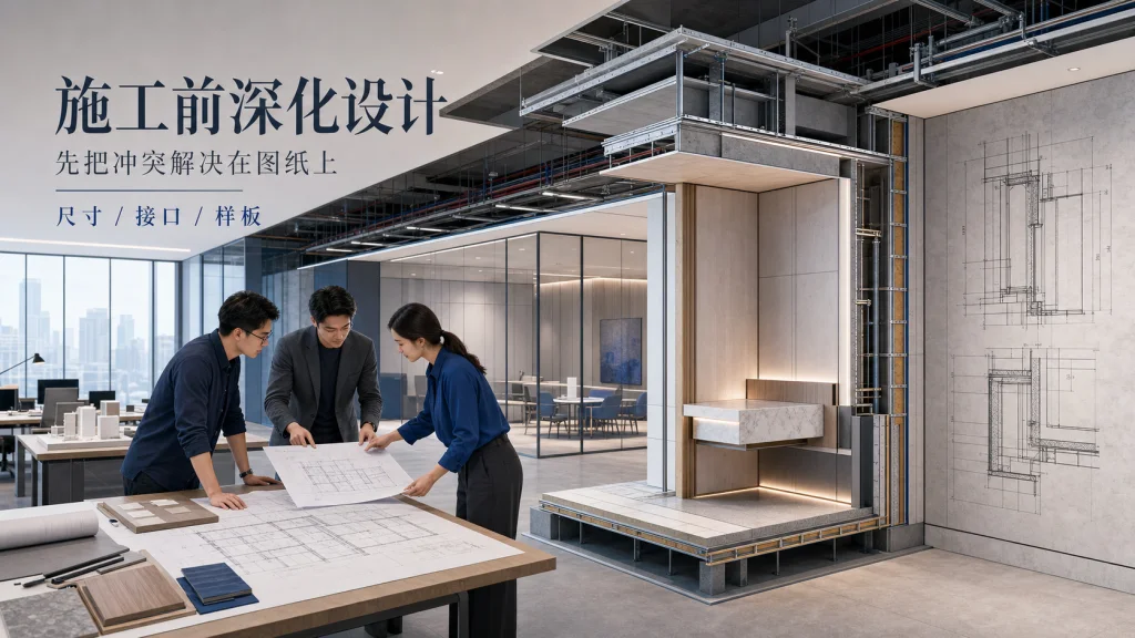 2.5D建筑线描办公室样板区，三位项目成员共同核对吊顶、隔断、机电和收口深化图