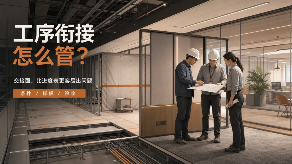 2.5D建筑线描办公室施工现场,三位项目成员共同检查地面、隔断、机电与饰面交接条件