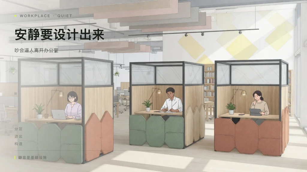 2.5D建筑插画:静音舱与专注邻里,一人舱内通话一人舱外经过,有面孔