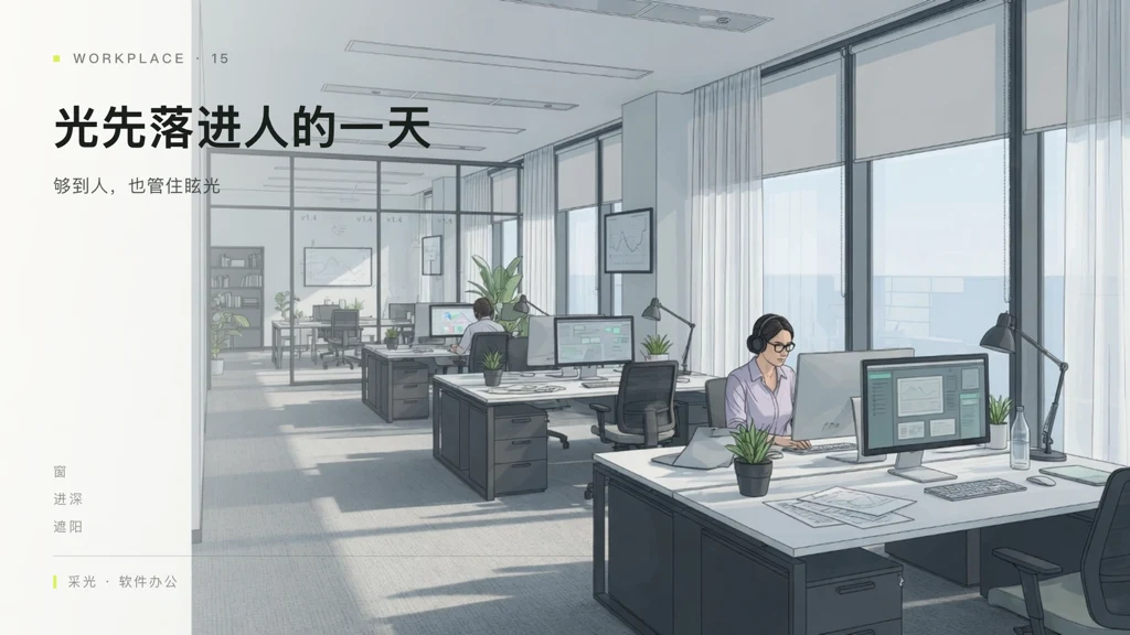 2.5D线描:科技办公深进深与窗边工位采光,叠字「光先落进人的一天」
