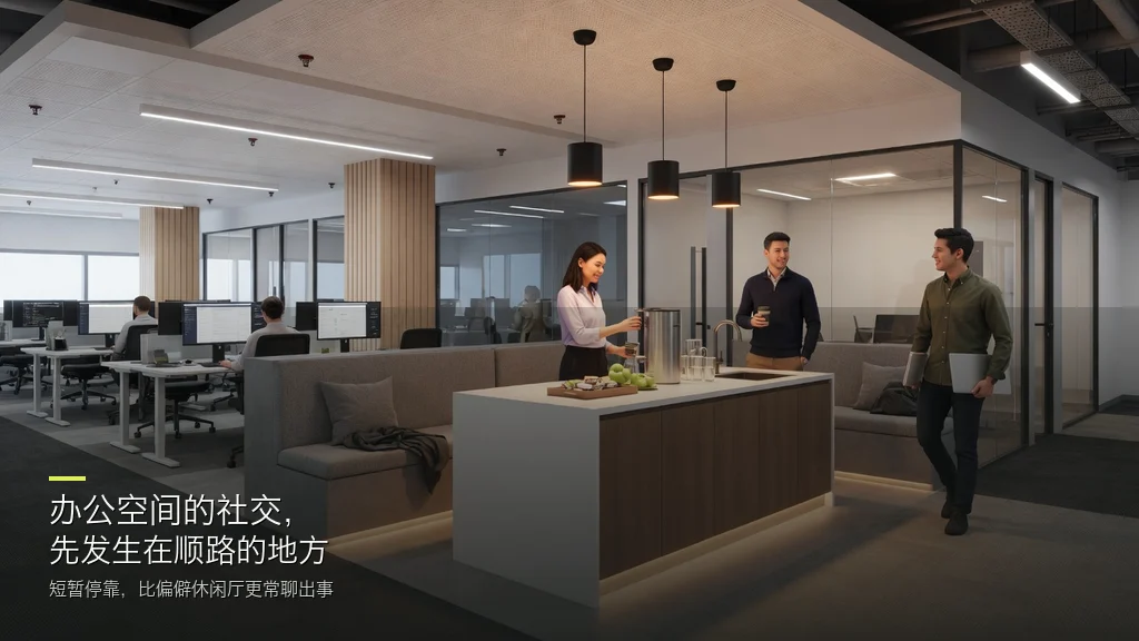 杂志封面风办公效果图:动线交叉处的茶水岛与短暂停靠,社交发生在顺路的地方