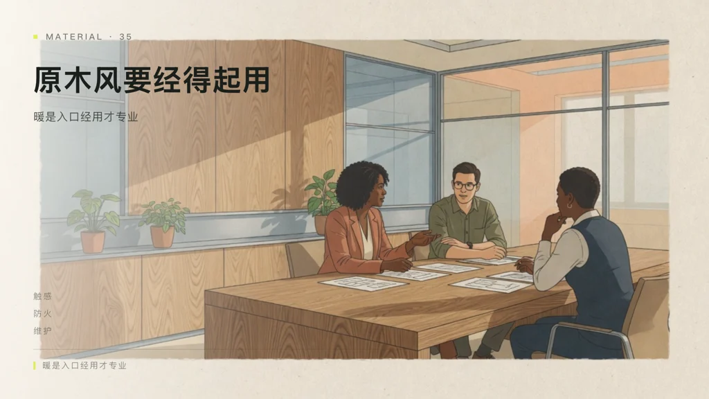 2.5D建筑线描:暖木饰面办公邻里,木纹钢玻与柔和光线,三人在木桌旁讨论,材质可读