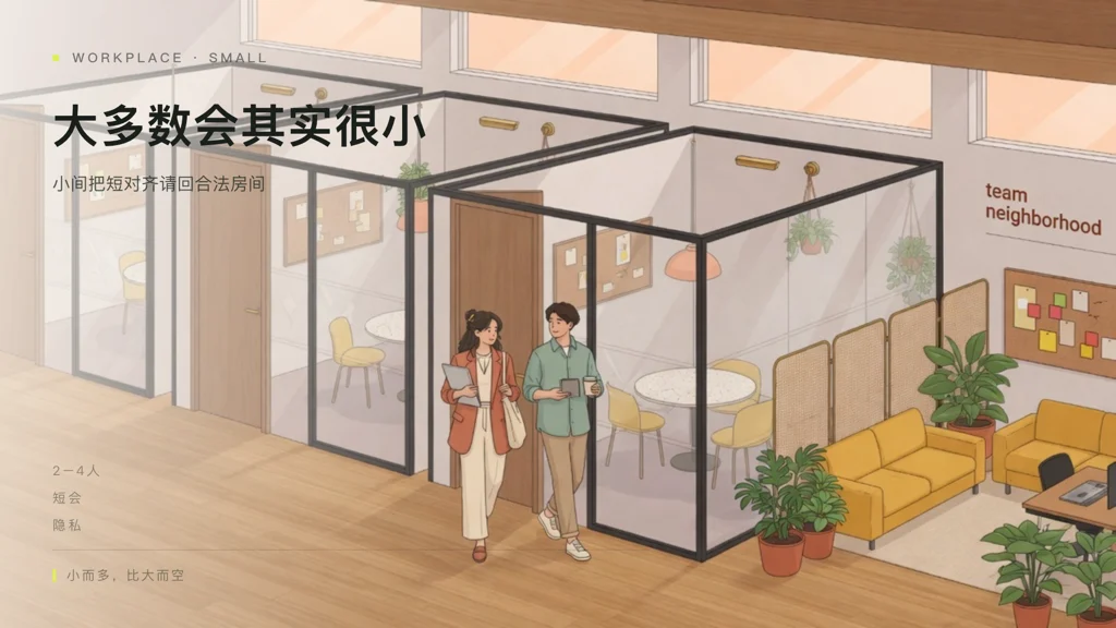 2.5D建筑插画：邻里旁一排小会议室与电话舱，两人进入小间开会，有面孔