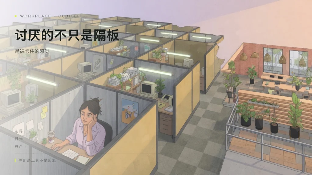 2.5D建筑插画:旧式高隔断格子间与一侧更开放的邻里对比,年轻人神情疲惫,有面孔