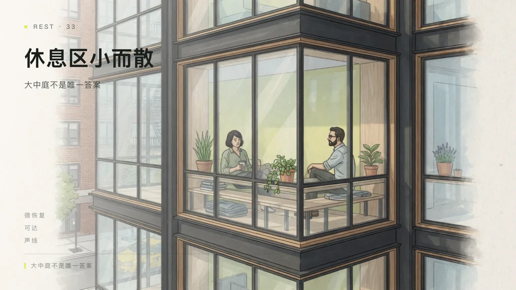 2.5D建筑线描:办公邻里边缘的小型休息口袋,窗边双人座与绿植,两人短暂停靠,非大型中庭