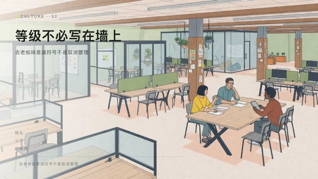 2.5D建筑线描:开放邻里与透明小会议室并存,无明显王座式老板间,三人平等围桌讨论
