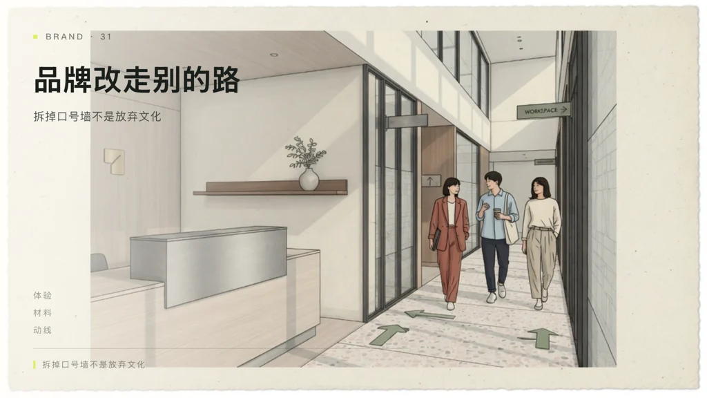 2.5D建筑线描:前台到工位的品牌体验靠材料与动线表达,墙面克制留白,三人自然经过而非仰读标语