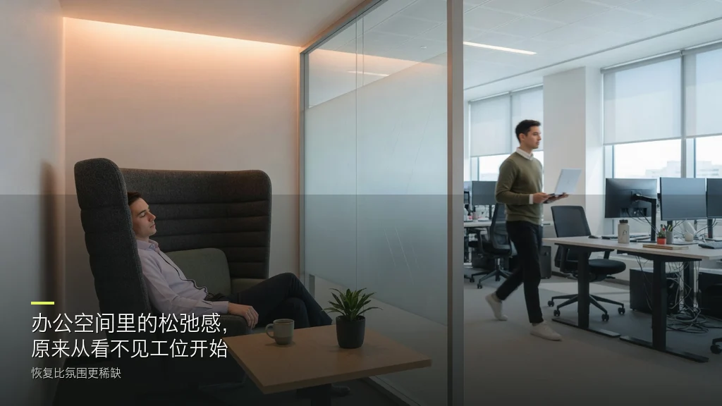 杂志封面风办公效果图:办公空间休息角与开放工位,松弛感原来从看不见工位开始