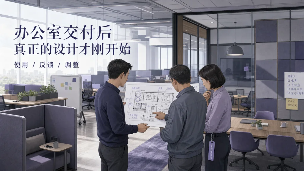 2.5D建筑线描科技办公室,员工、设施经理和设计师共同查看使用反馈平面图