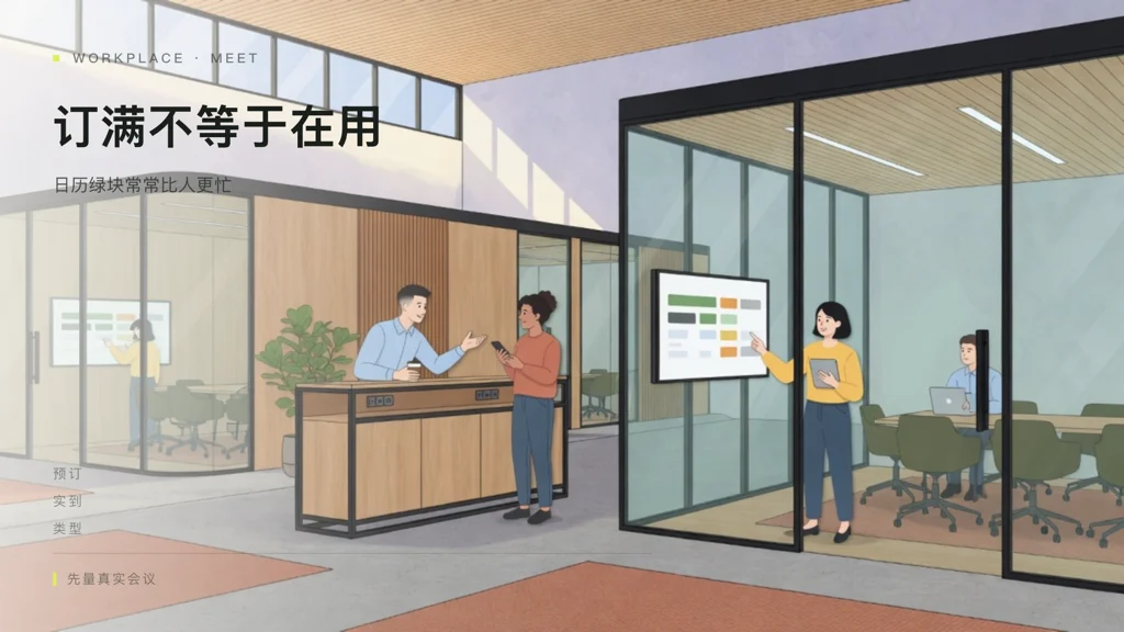 2.5D建筑插画:会议室预约屏与大小会议组合,三人协调用房,有面孔