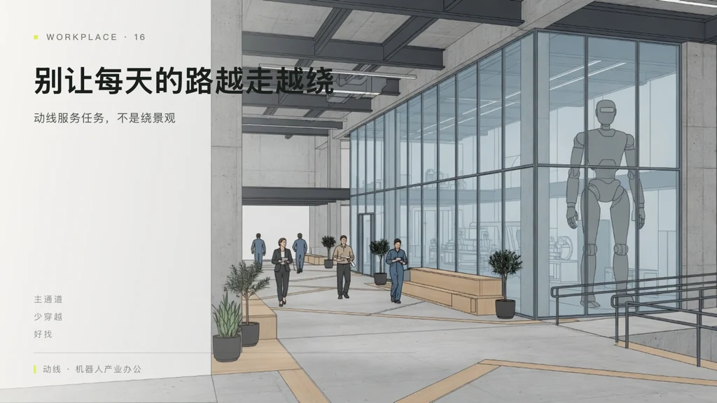 办公室动线设计杂志风效果图:员工访客与后勤路径清楚分流