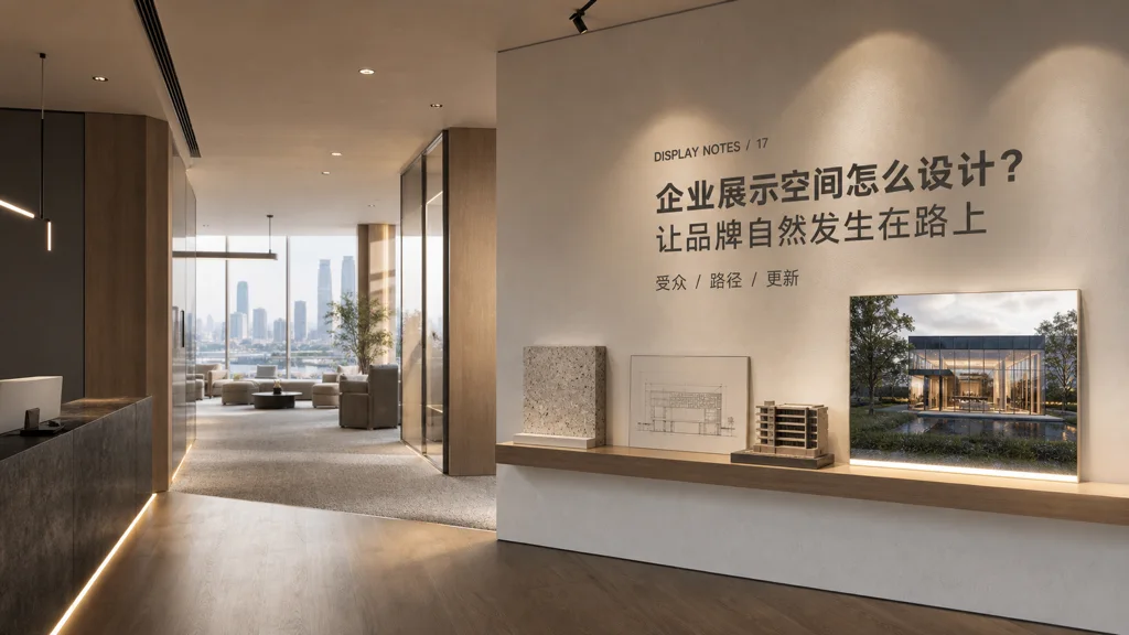 企业展示空间杂志风效果图:品牌内容融入办公室访客路径