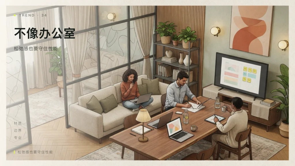 2.5D建筑线描:居家感材质与专业工位并存的办公邻里,软装温暖但仍见会议与屏幕,三人自然工作