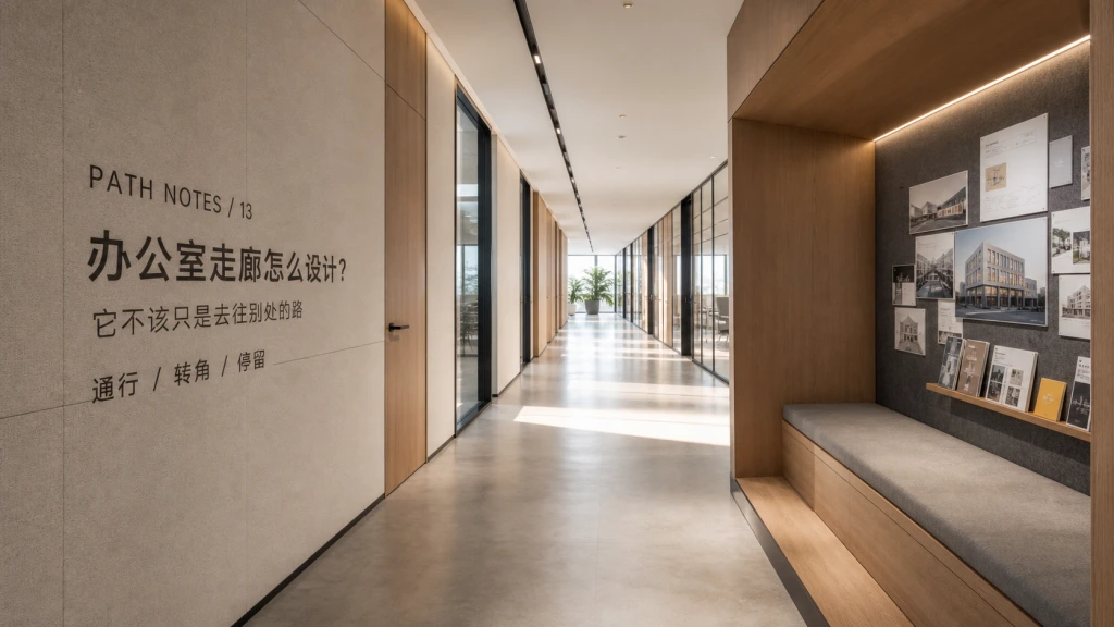 办公室走廊设计杂志风效果图：通行、停留与导向自然结合