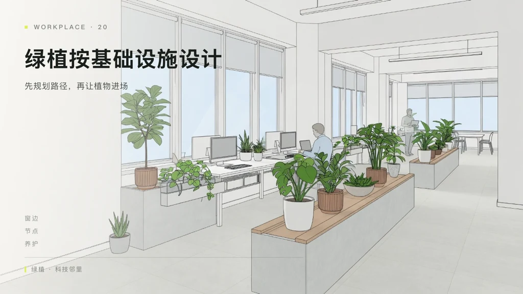 2.5D线描：科技办公邻里节点的植物与窗景，叠字「绿植是基础设施」