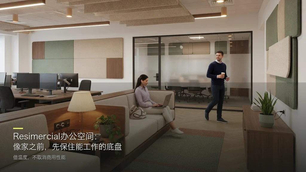 杂志封面风Resimercial办公效果图:居家温度与工位底盘并存