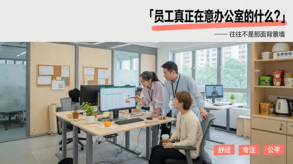 2.5D建筑线描：科技公司日常办公邻里，三人围绕工位与讨论点自然工作，强调光、座椅与可达性而非装饰墙