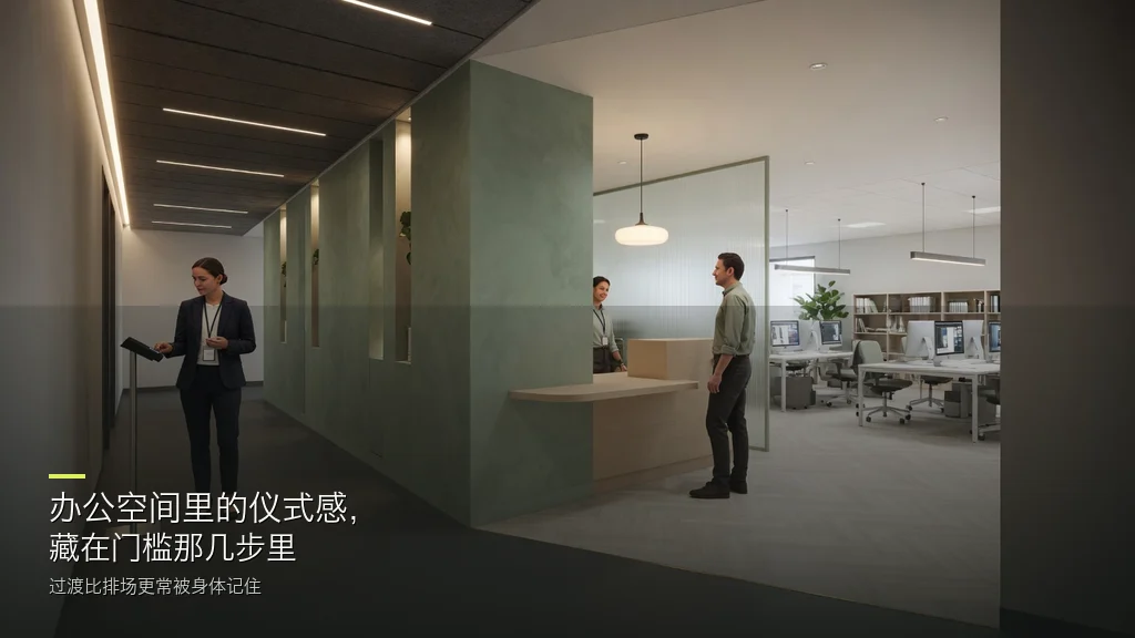 杂志封面风办公效果图:从门厅门槛望向办公区,仪式感藏在进入的那几步