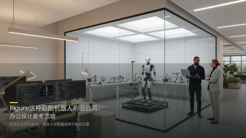 杂志封面风：软件工位与机器人硬件试验区邻接的办公空间