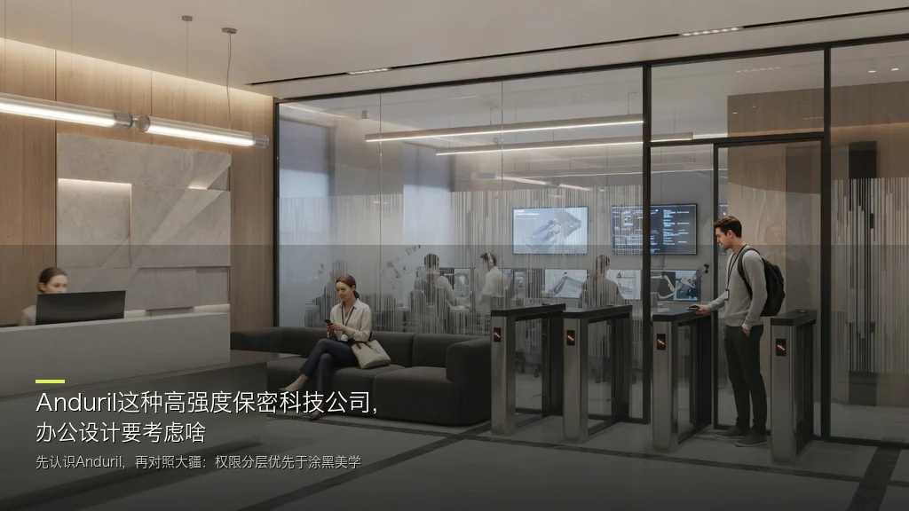 杂志封面风：门禁分层的科技办公门厅与磨砂玻璃后的受限工作区