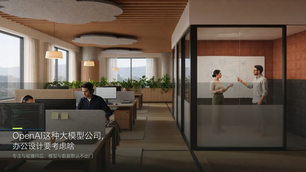 杂志封面风:大模型公司办公中的专注工位与白板讨论区并存
